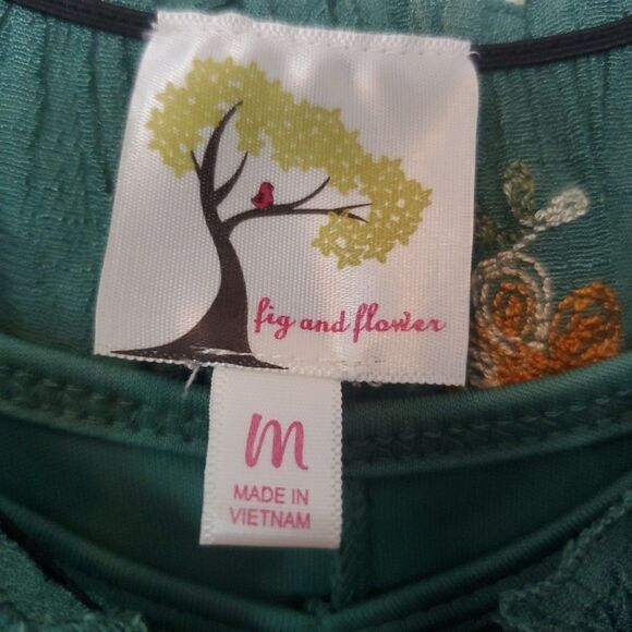 Boho Fig & Flower Embroidered Texture Peasant Dress Medium Green Anthropologie - Picture 4 of 16